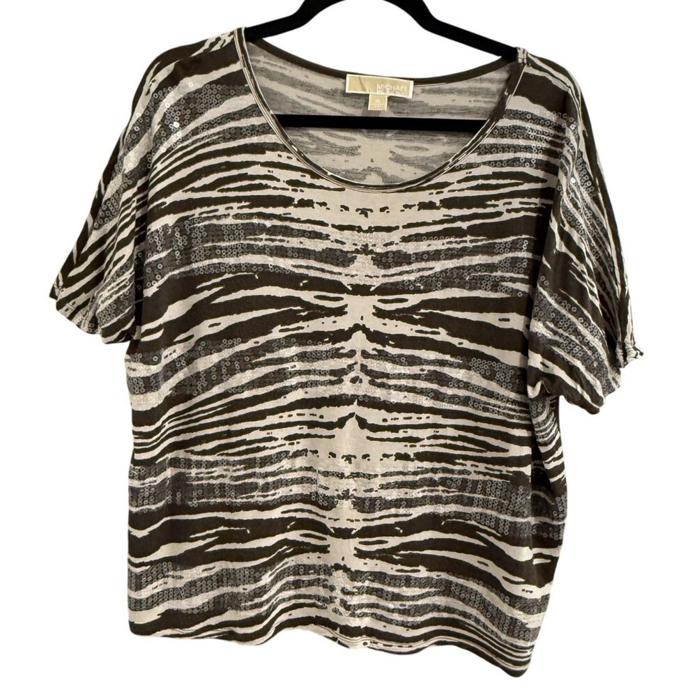 Michael Kors Womens XL Zebra Print Sequin Top Brown White Short Sleeve